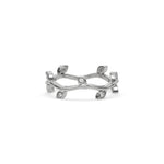 Dainty 14k white gold leaf ring with a wavy vine band and round cut diamonds. Organic nature-inspired botanical wedding band jewelry for women.