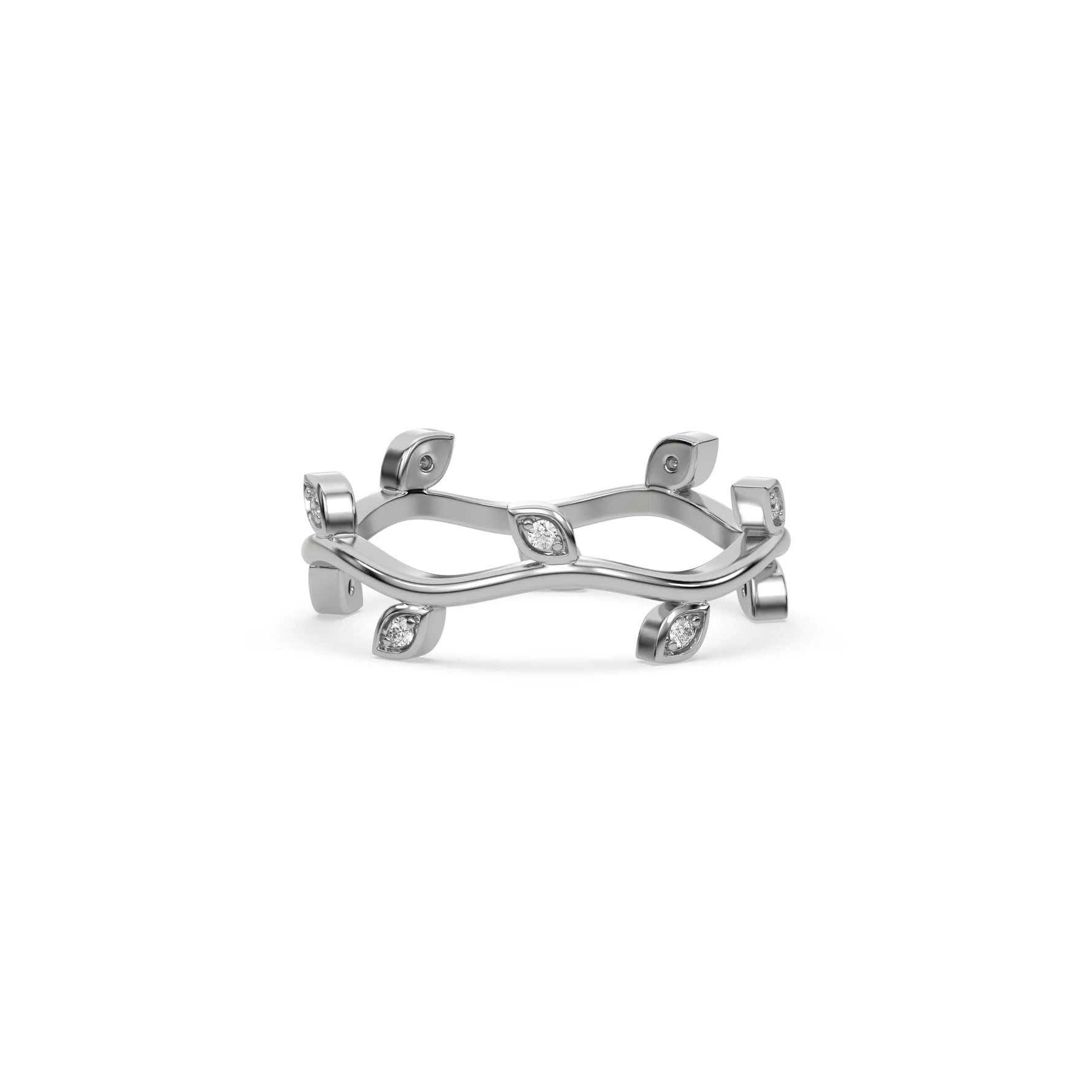 Dainty 14k white gold leaf ring with a wavy vine band and round cut diamonds. Organic nature-inspired botanical wedding band jewelry for women.