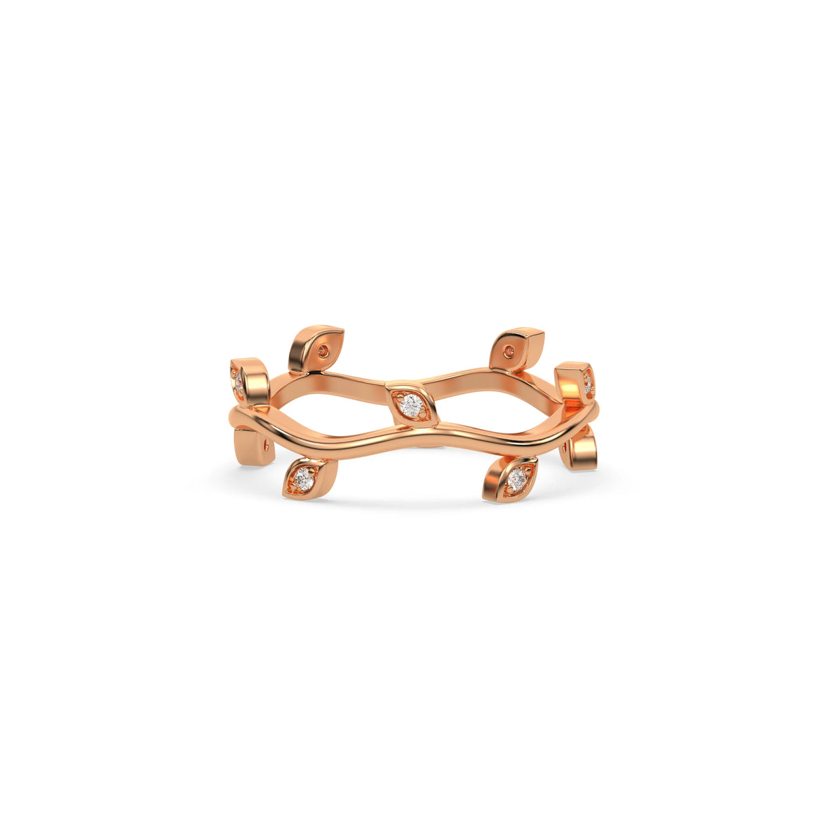 Dainty 14k rose gold leaf ring with a wavy vine band and round cut diamonds. Organic nature-inspired botanical wedding band jewelry for women.