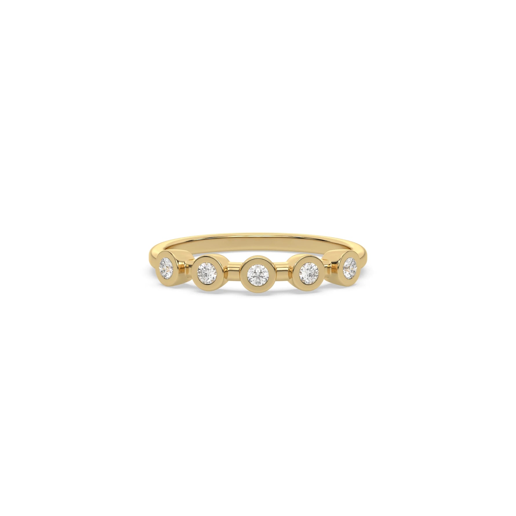 This yellow gold ring displayed on front view is made with brilliant round diamond set in bezel setting