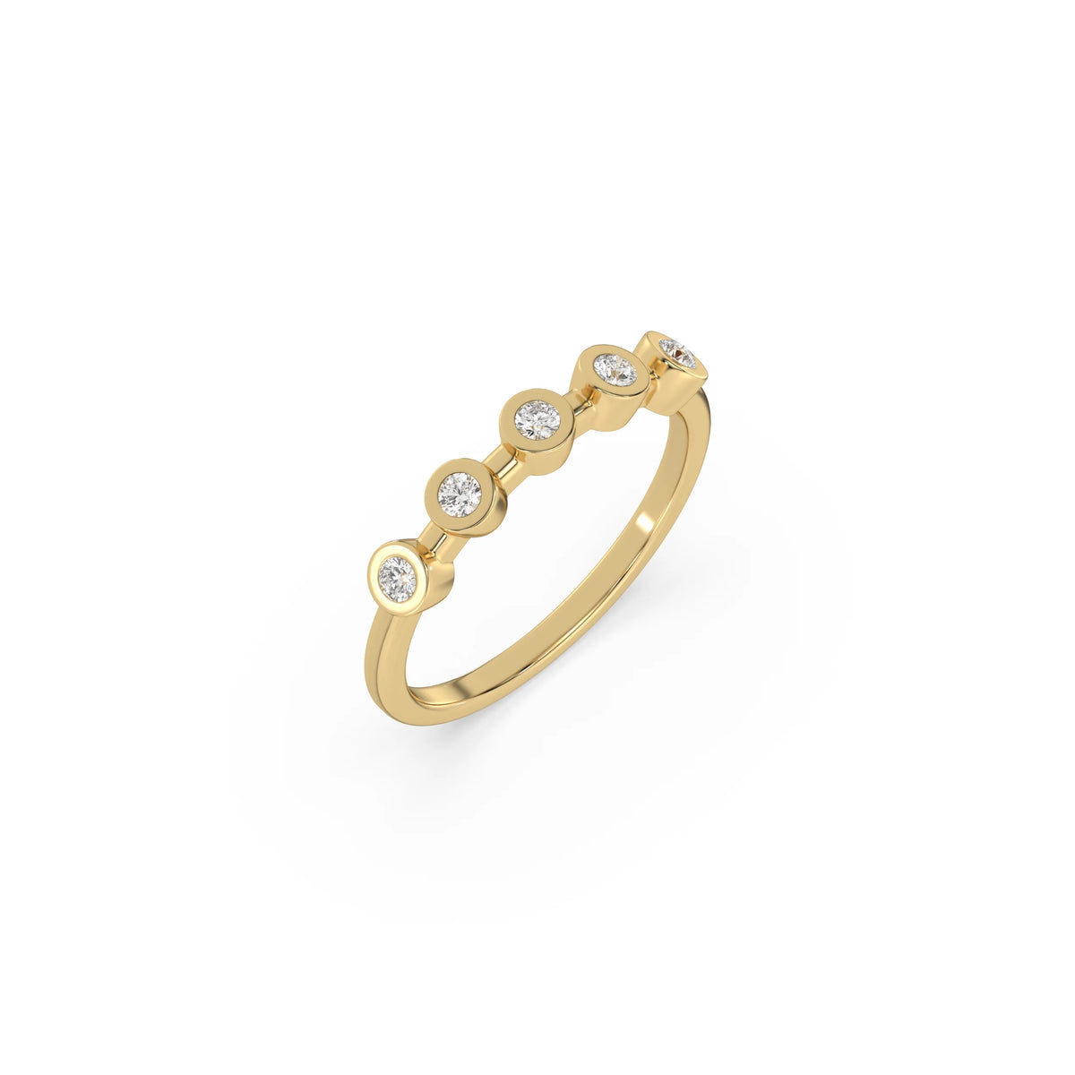 This yellow gold ring displayed on 3d  view is made with brilliant round diamond set in bezel setting