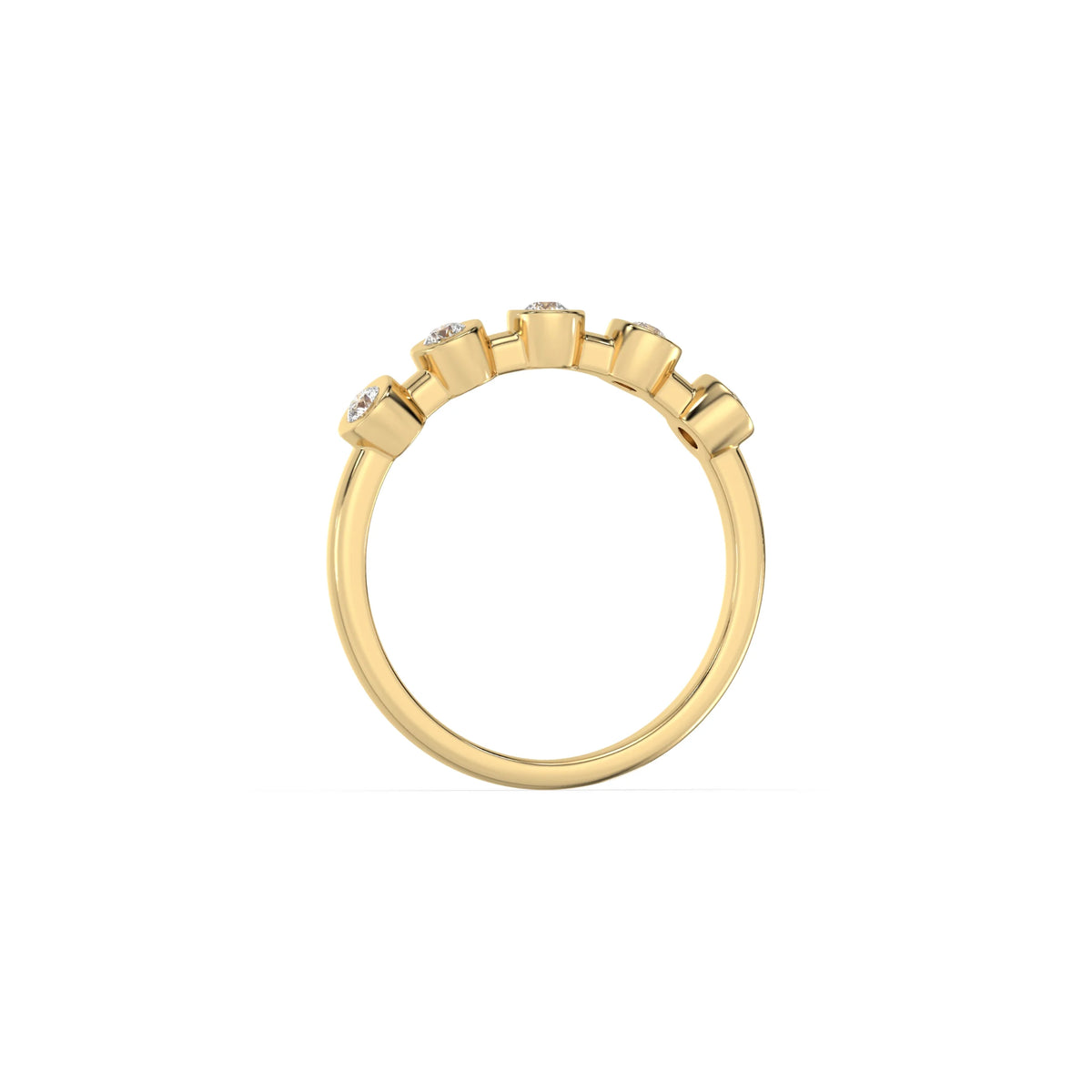 This yellow gold ring displayed on through finger view is made with brilliant round diamond set in bezel setting