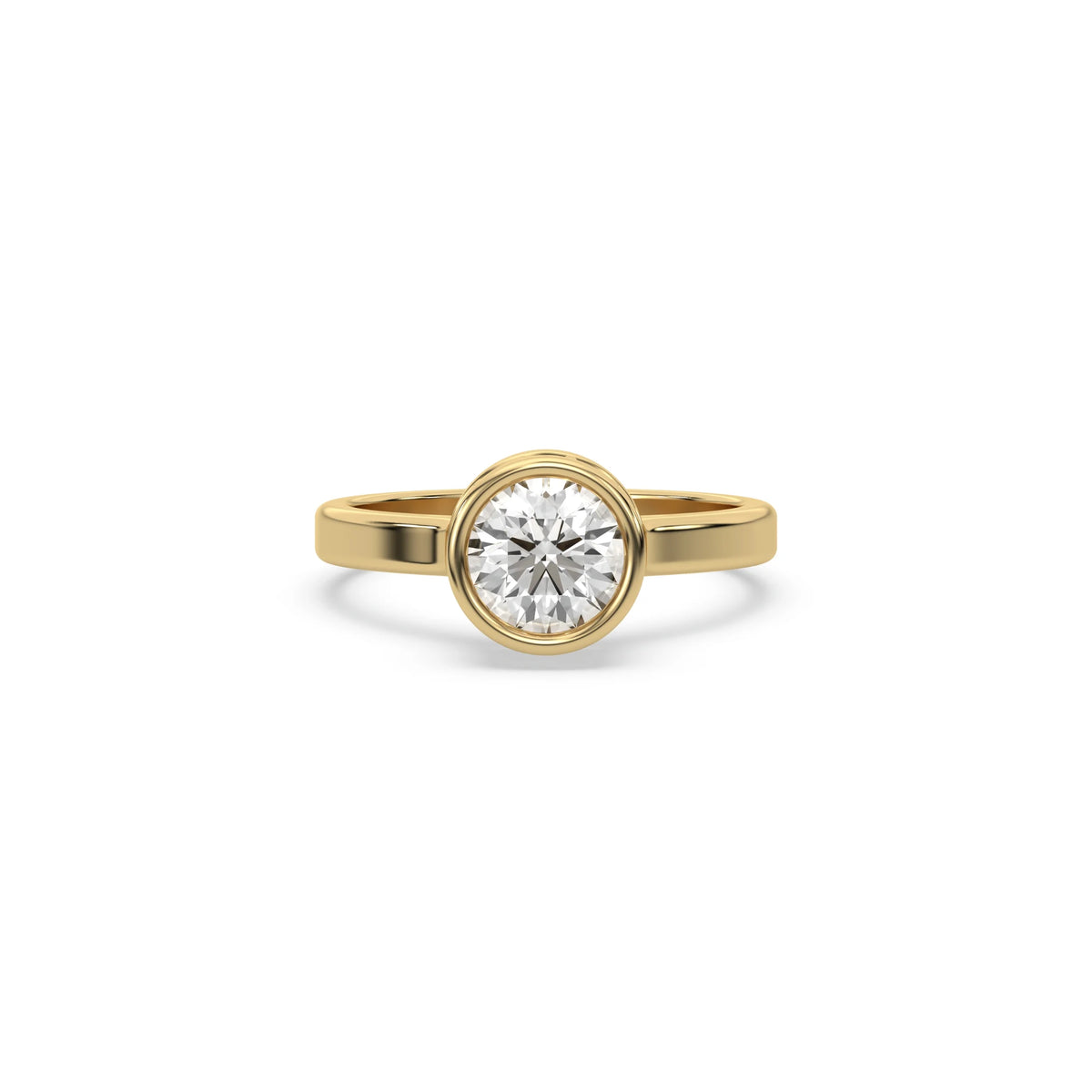 This yellow gold ring displayed on front view is made with brilliant round solitaire diamond set in bezel setting