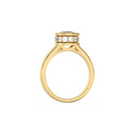 This yellow gold ring displayed on through finger view is made with brilliant round solitaire diamond set in bezel setting