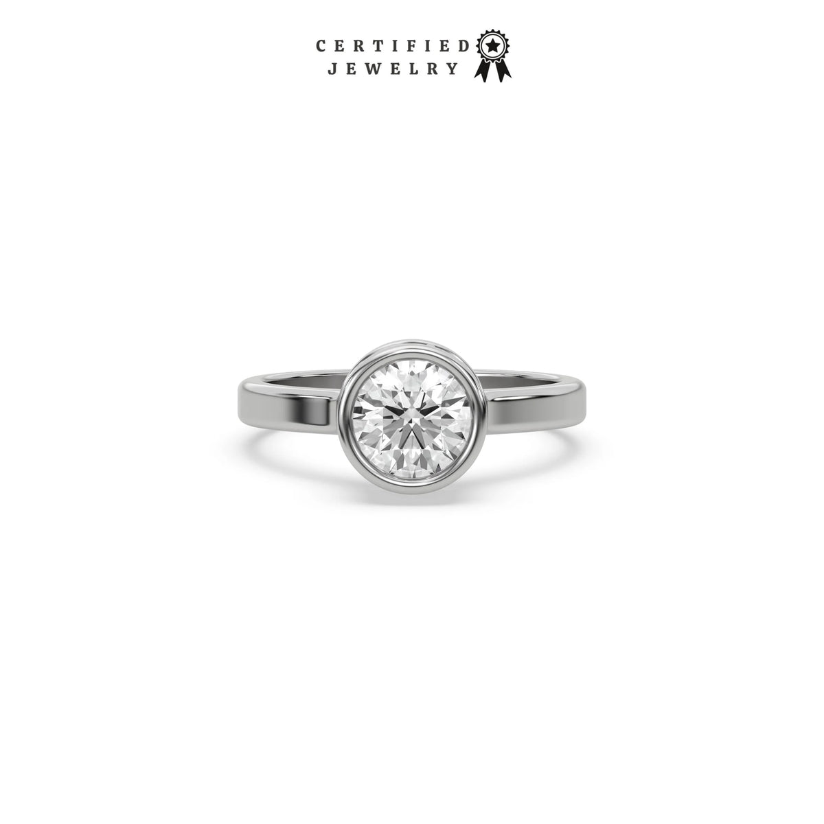 This white gold ring displayed on front view is made with brilliant round solitaire diamond set in bezel setting