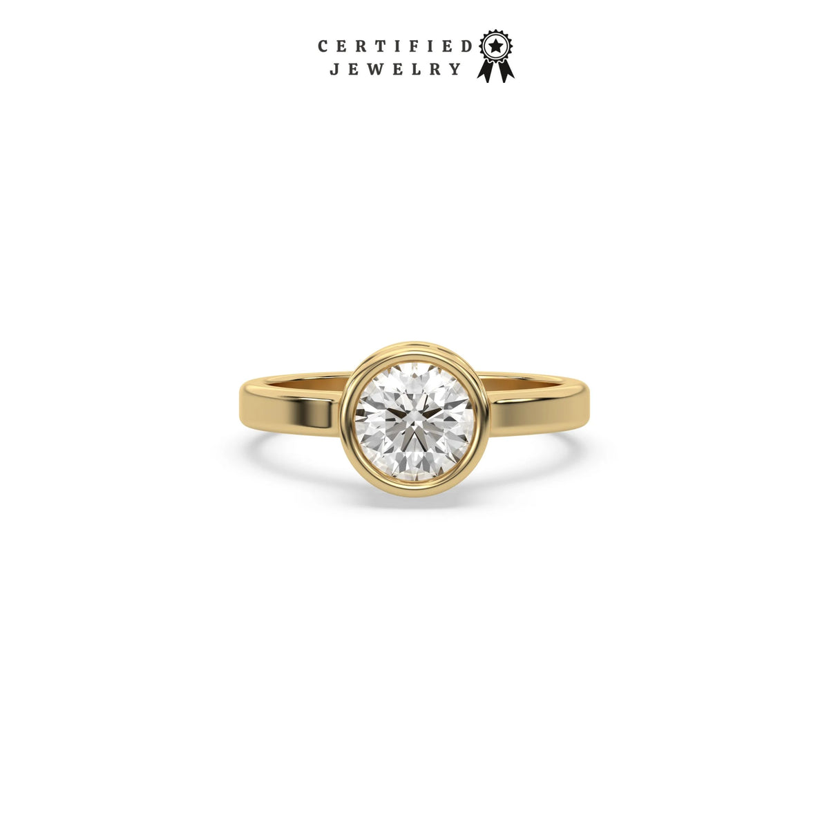 This yellow gold ring displayed on front view is made with brilliant round solitaire diamond set in bezel setting