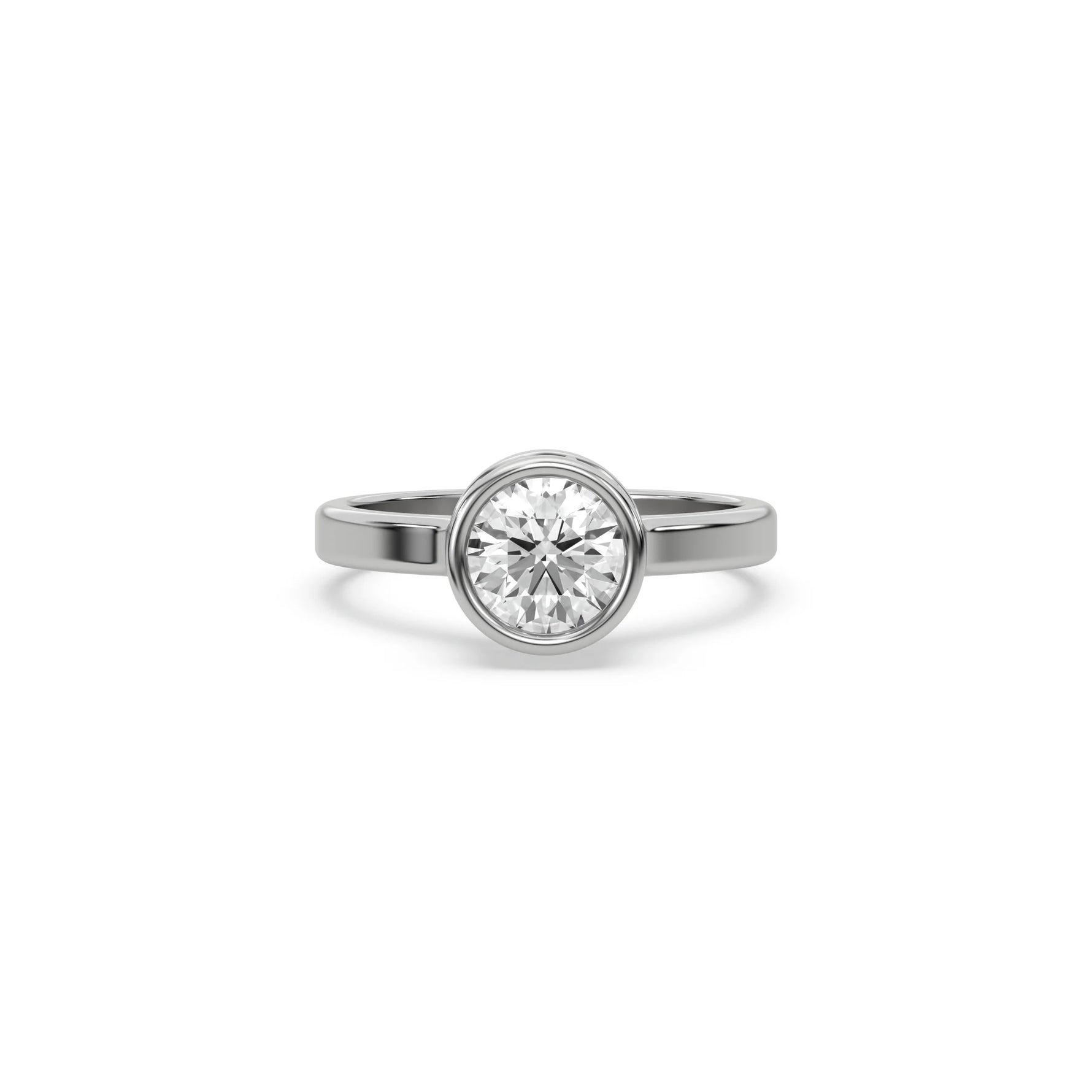 This white gold ring displayed on front view is made with brilliant round solitaire diamond set in bezel setting