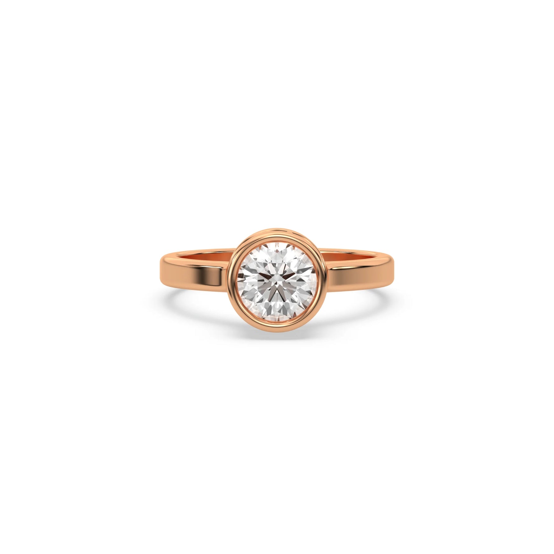 This rose gold ring displayed on front view is made with brilliant round solitaire diamond set in bezel setting