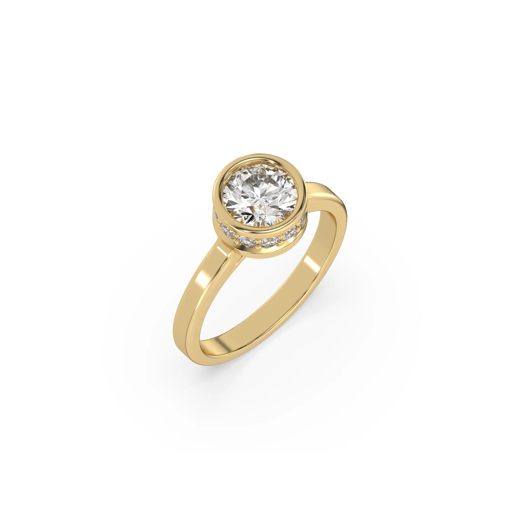 This yellow gold ring displayed on 3d view is made with brilliant round solitaire diamond set in bezel setting