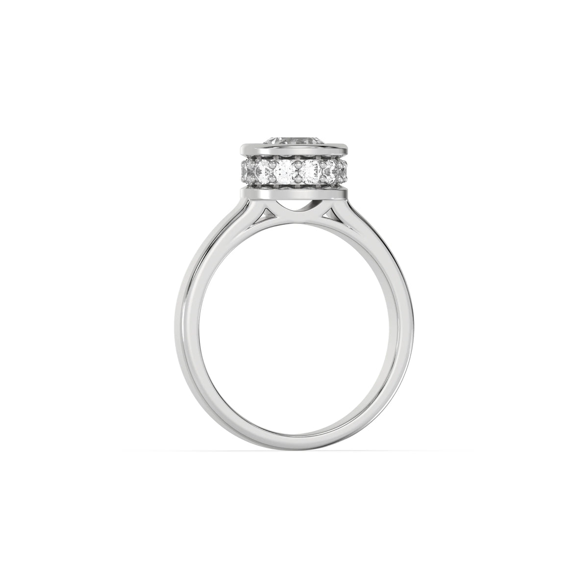 This white gold ring displayed on through finger view is made with brilliant round solitaire diamond set in bezel setting