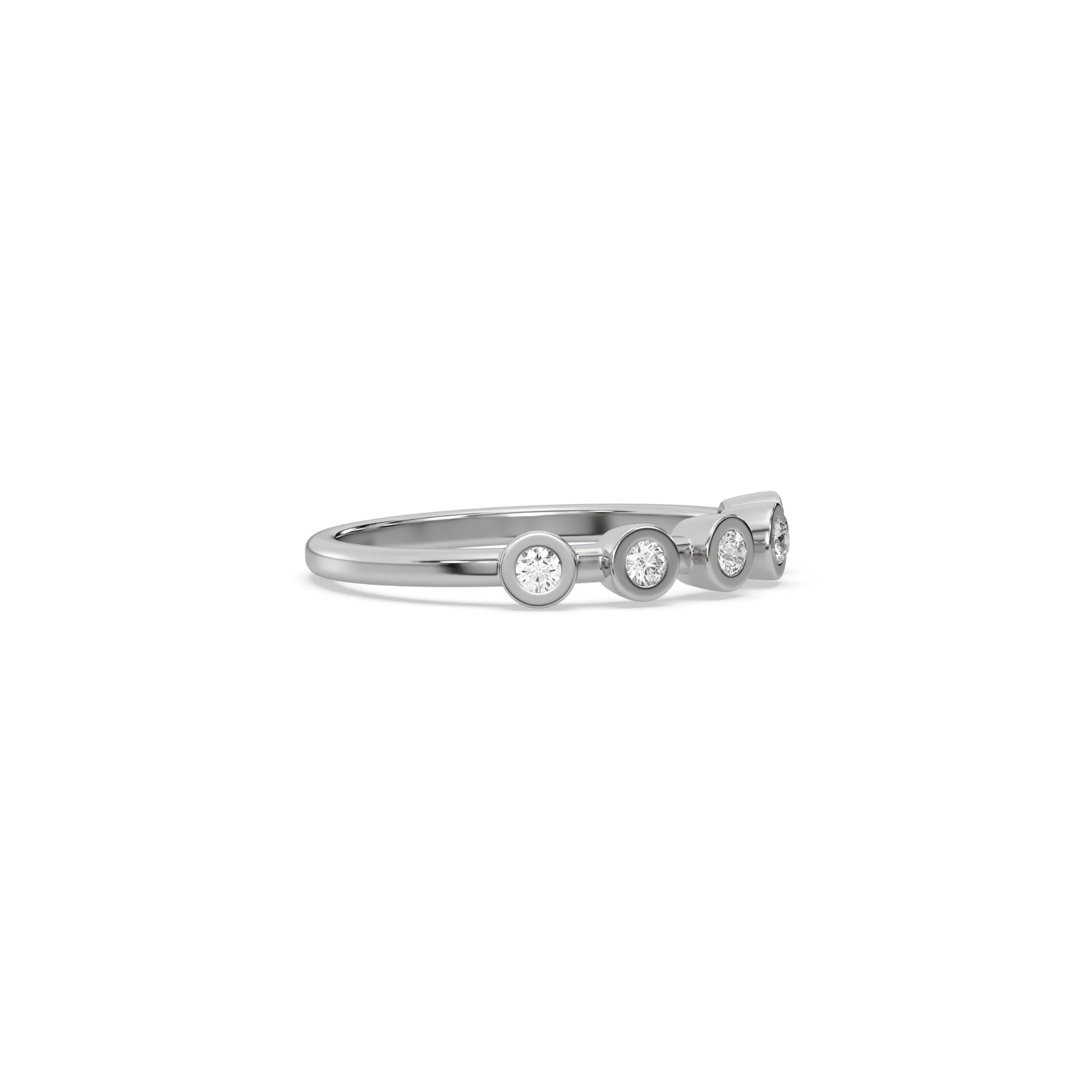 This white gold ring displayed on side view is made with brilliant round diamond set in bezel setting