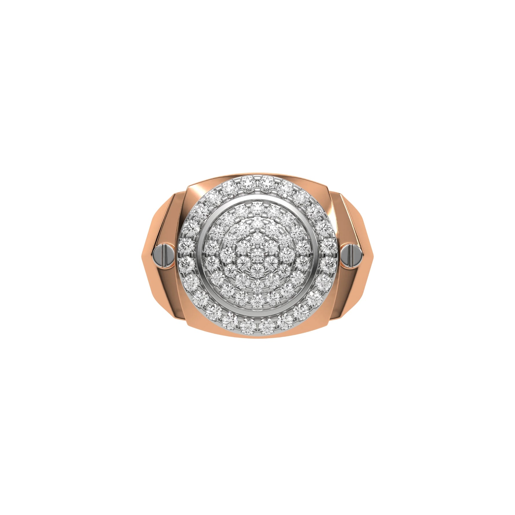 This rose gold ring is made from a cluster of round cut diamonds in the centre with a metal rim on the outside, complimented by a halo of round diamonds in a shared prong settings in top view