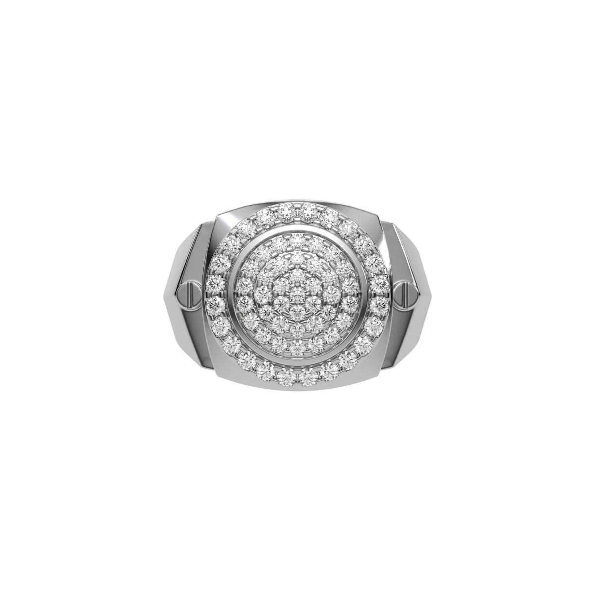 This white gold ring is made from a cluster of round cut diamonds in the centre with a metal rim on the outside, complimented by a halo of round diamonds in a shared prong settings in top view