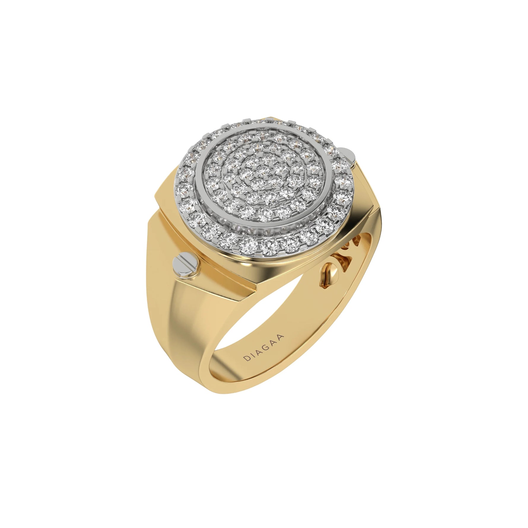 This ring is made from a cluster of round cut diamonds in the centre with a metal rim on the outside, complimented by a halo of round diamonds in a shared prong settings in 3d view