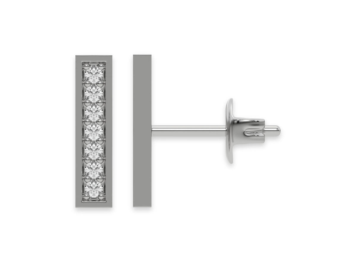14k white gold lab grown round cut diamond bar stud earrings in pave setting.