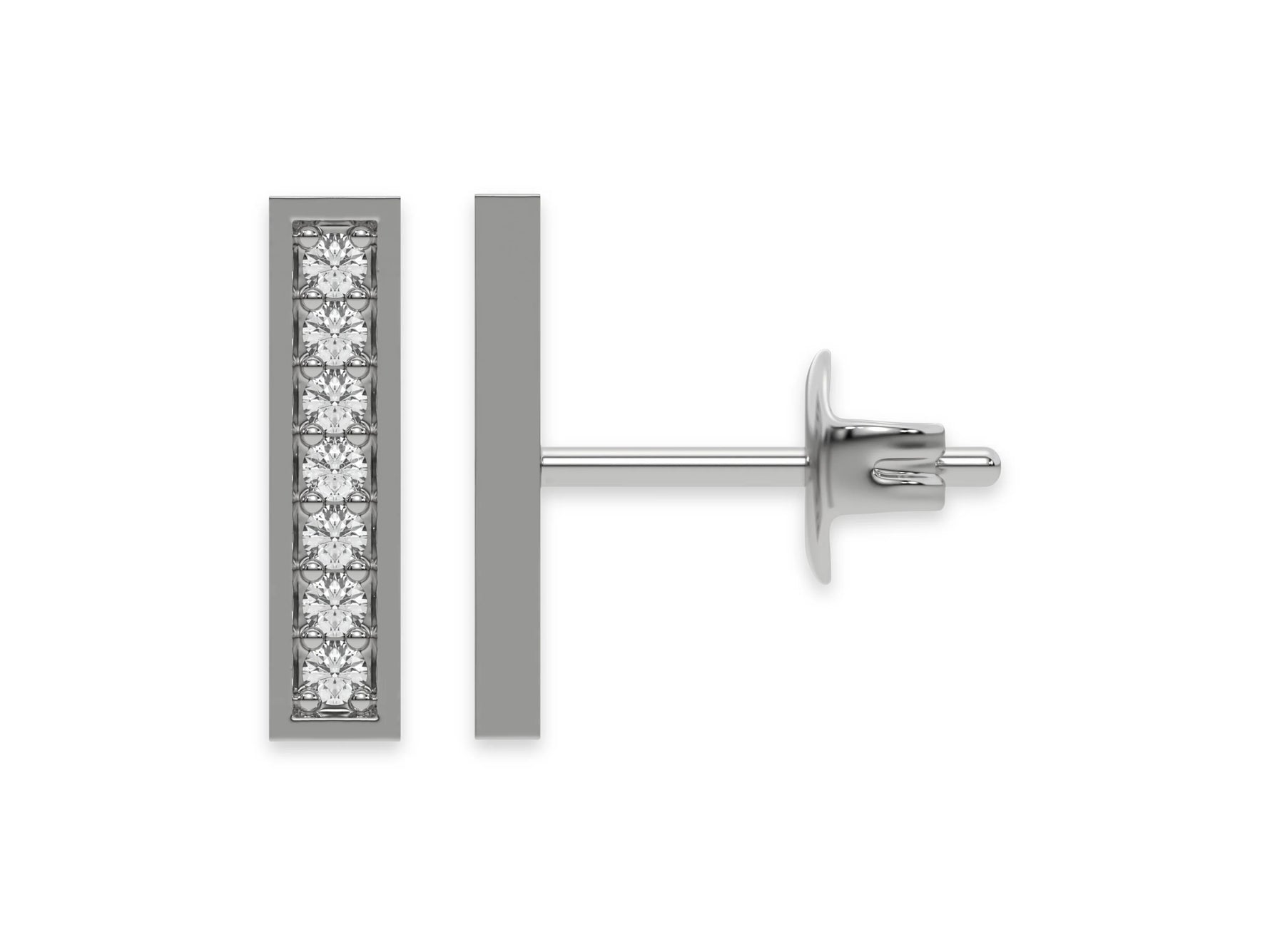 14k white gold lab grown round cut diamond bar stud earrings in pave setting.