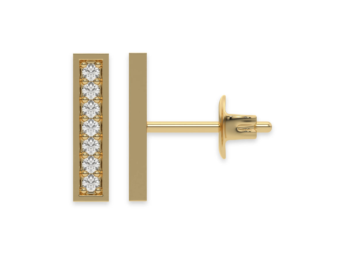 14k Yellow gold lab grown round cut diamond bar stud earrings in pave setting.