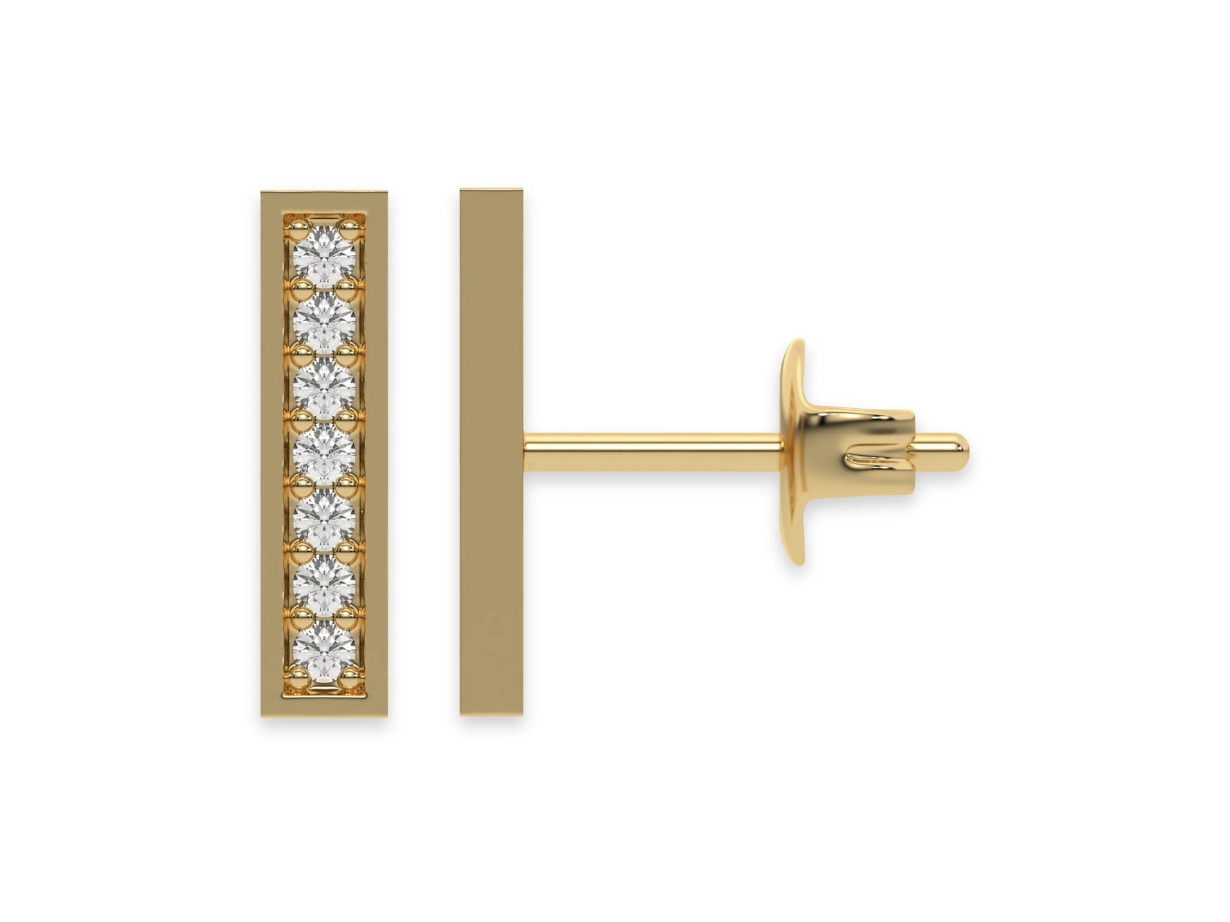 14k Yellow gold lab grown round cut diamond bar stud earrings in pave setting.