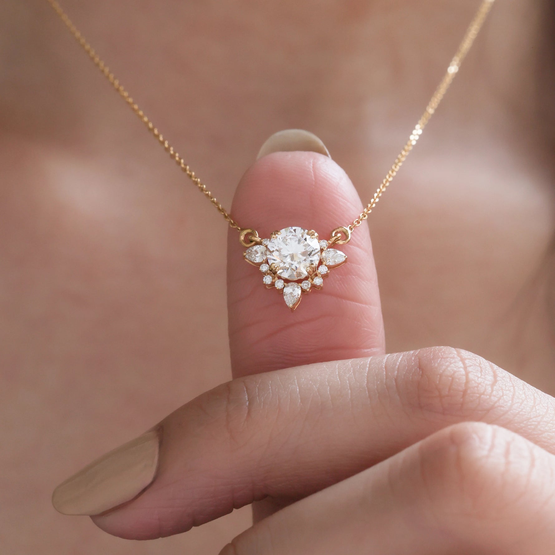 Round and Pear Cluster Necklace 