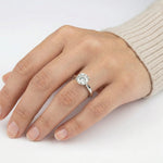 Woman wearing a classic round solitaire diamond engagement ring with a white gold band on her hand.