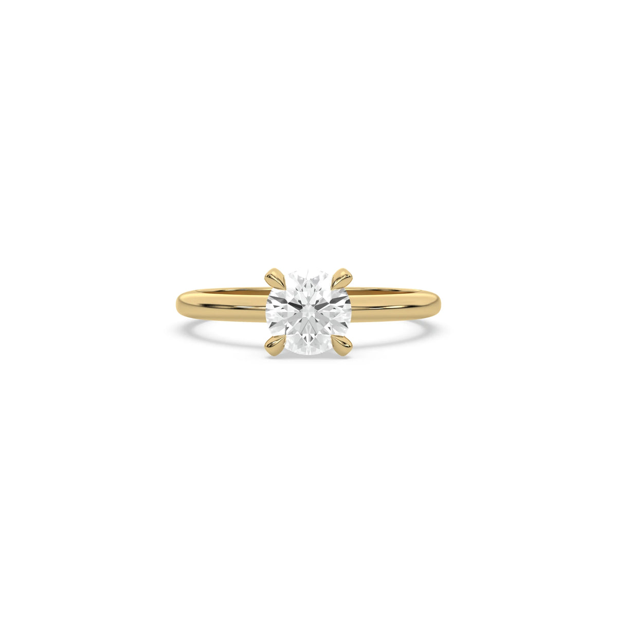 A minimalist yellow gold engagement ring with a sparkling round diamond center stone on a slim, polished metal plain band.