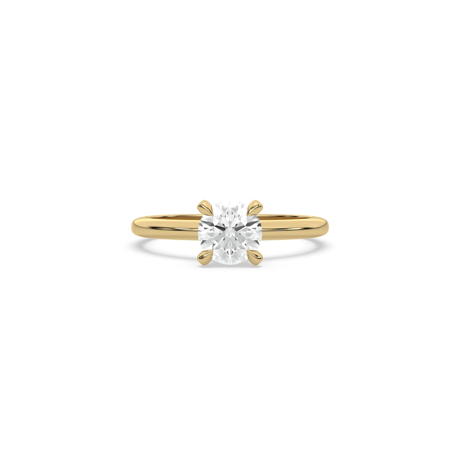 A minimalist yellow gold engagement ring with a sparkling round diamond center stone on a slim, polished metal plain band.
