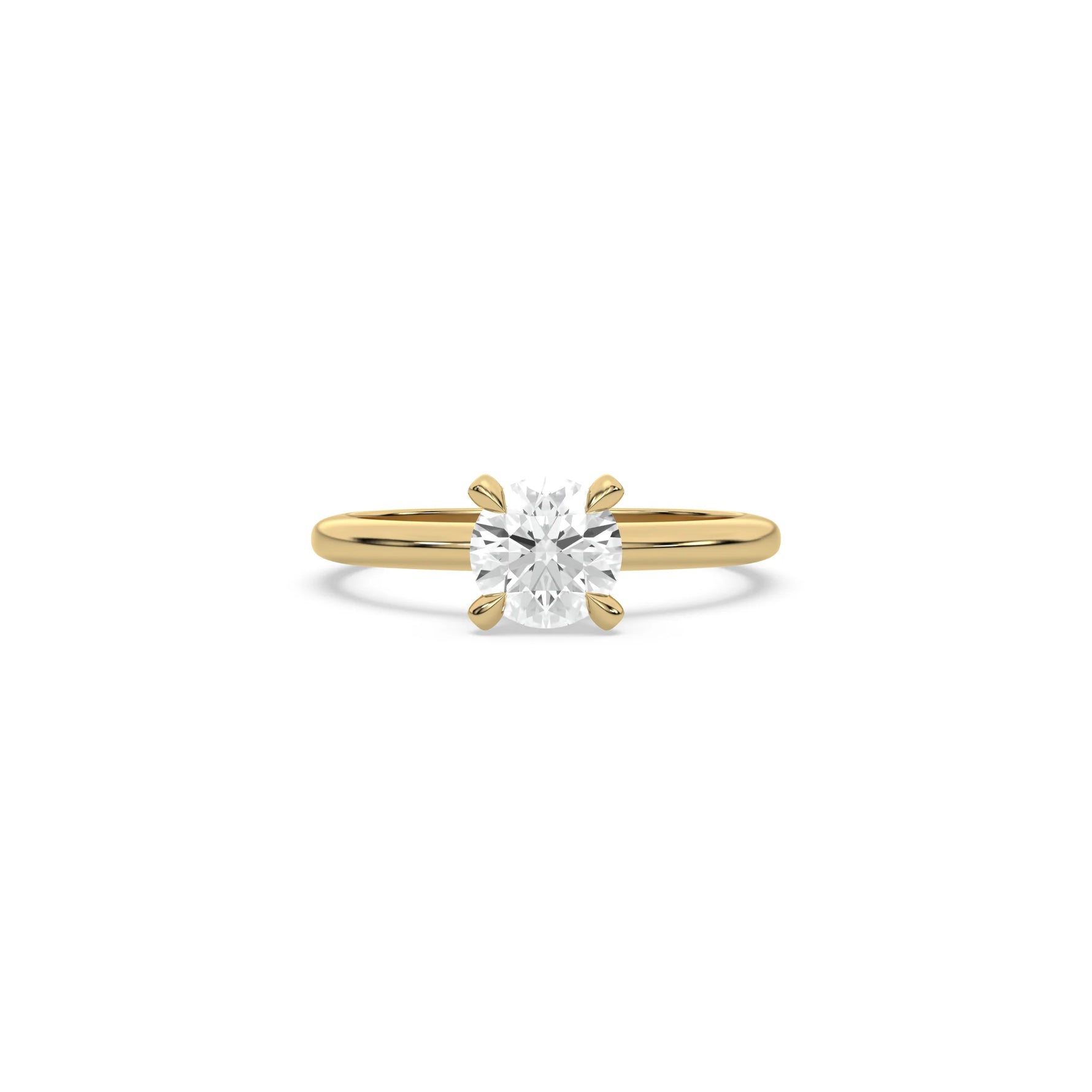A minimalist yellow gold engagement ring with a sparkling round diamond center stone on a slim, polished metal plain band.