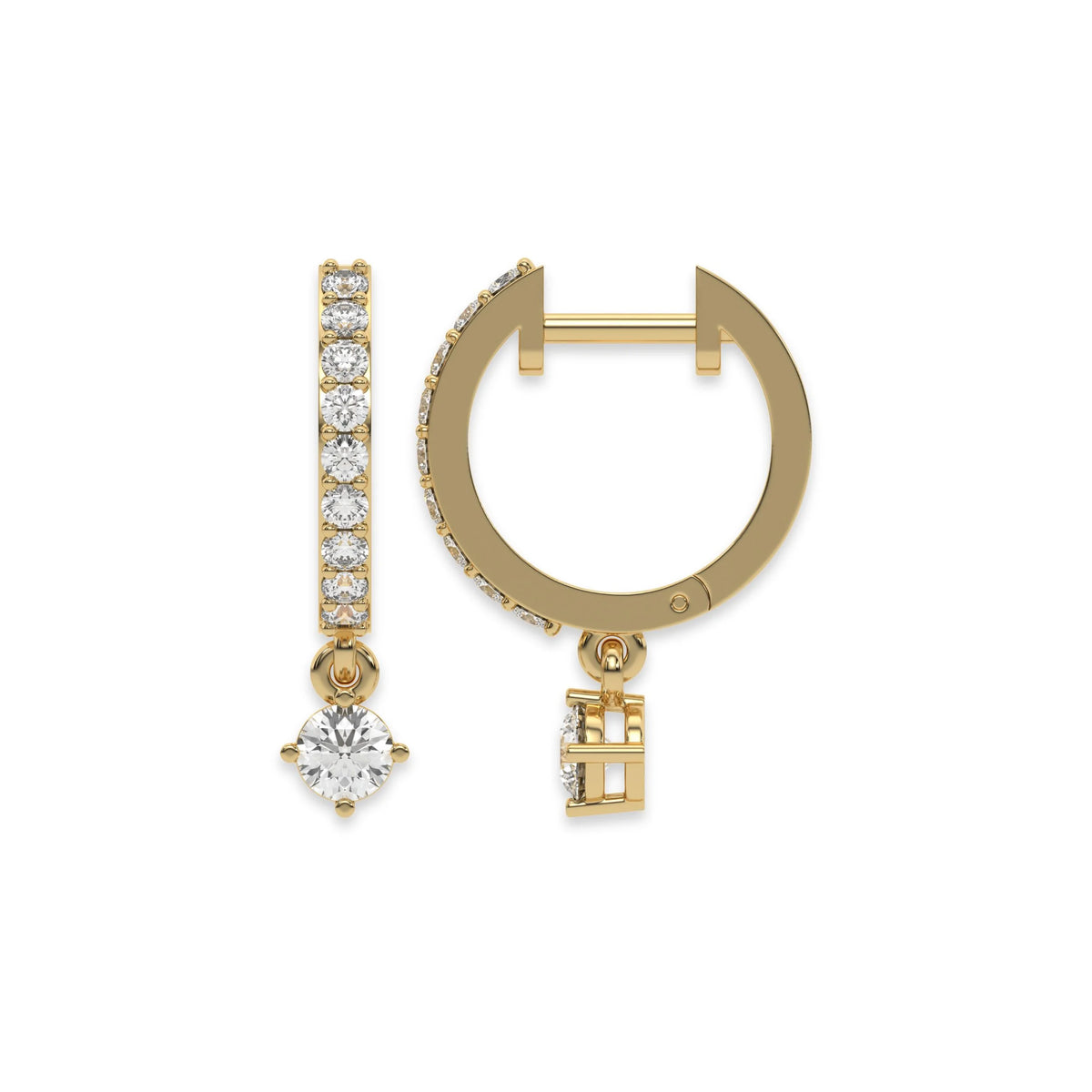 Solitaire round diamond dangling hoop earring set featuring a brilliant drop stone held in a yellow gold prong setting white background.