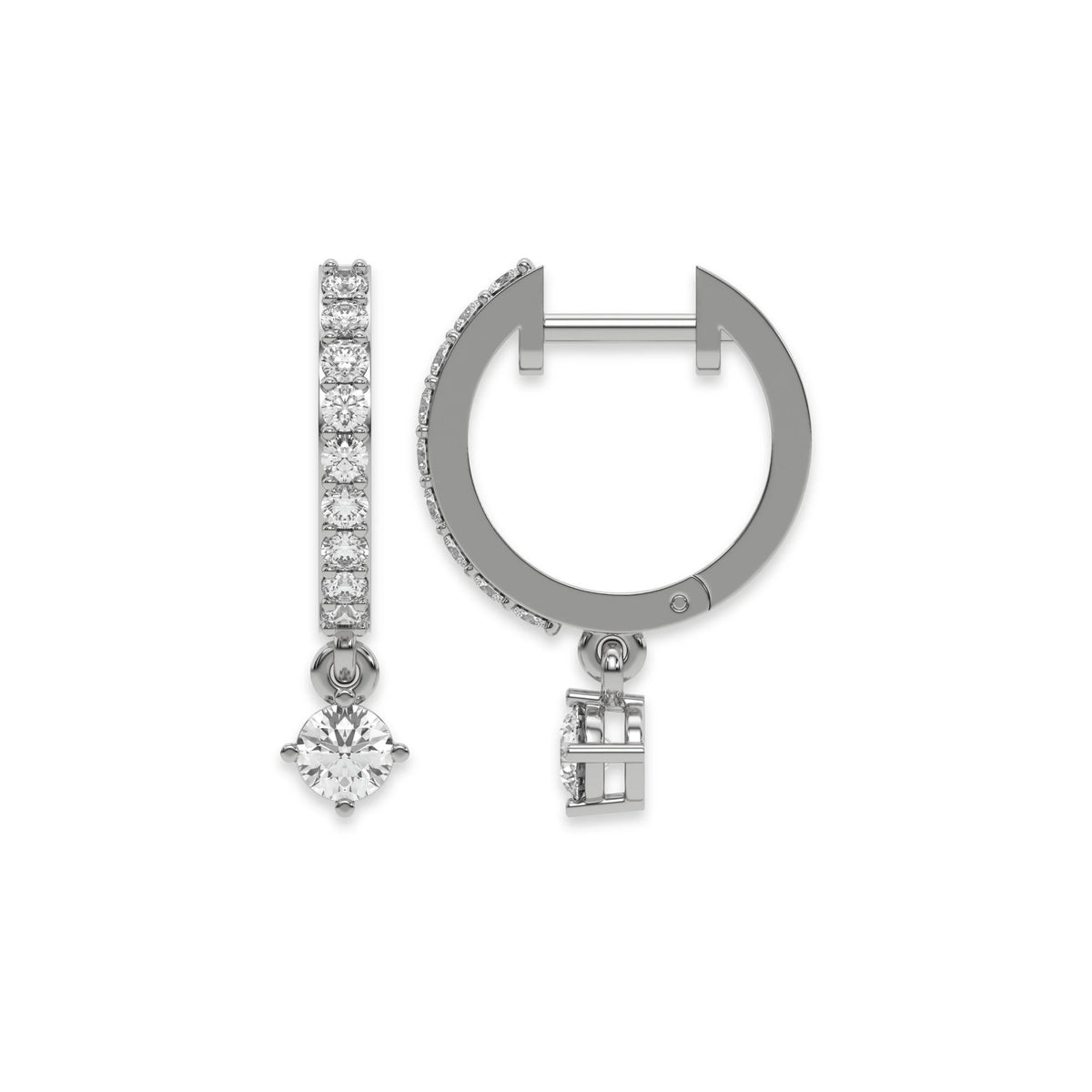 Solitaire round diamond dangling hoop earring set featuring a brilliant drop stone held in a white gold prong setting white background.