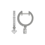Solitaire round diamond dangling hoop earring set featuring a brilliant drop stone held in a white gold prong setting white background.