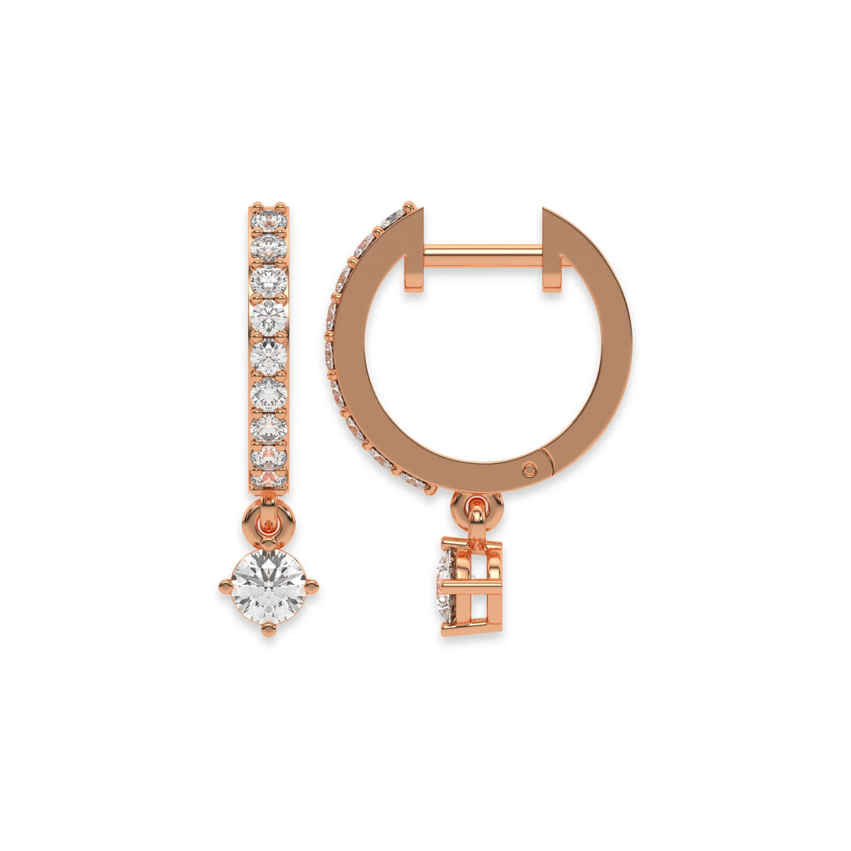 Solitaire round diamond dangling hoop earring set featuring a brilliant drop stone held in a rose gold prong setting white background.