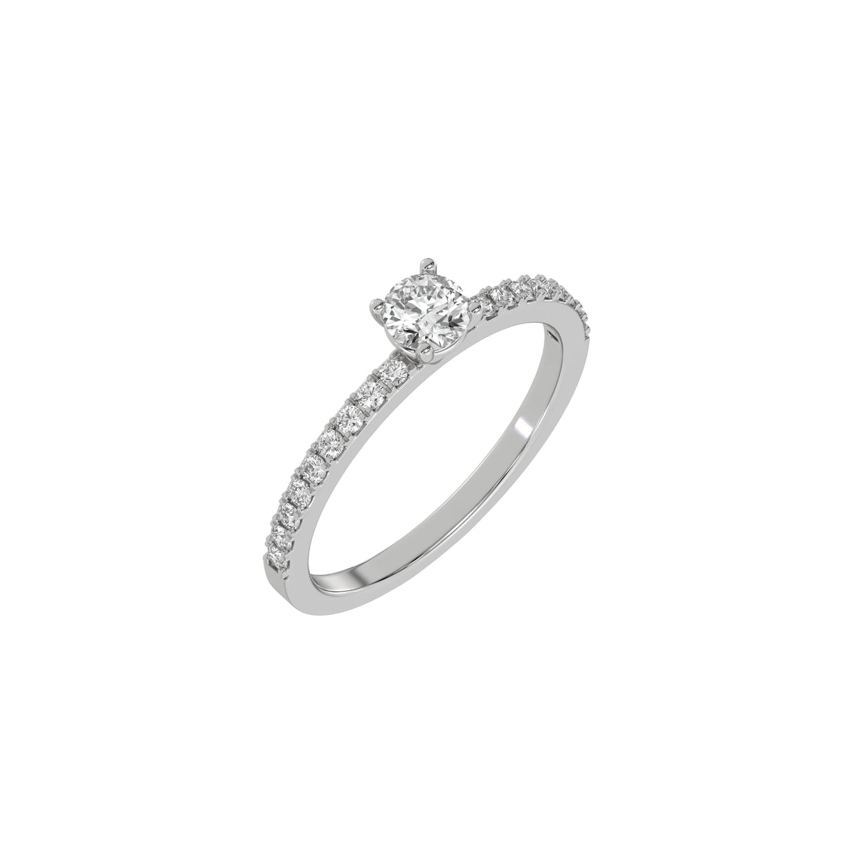 This white gold ring is made with a round solitaire diamond set in four-prong setting in 3D view