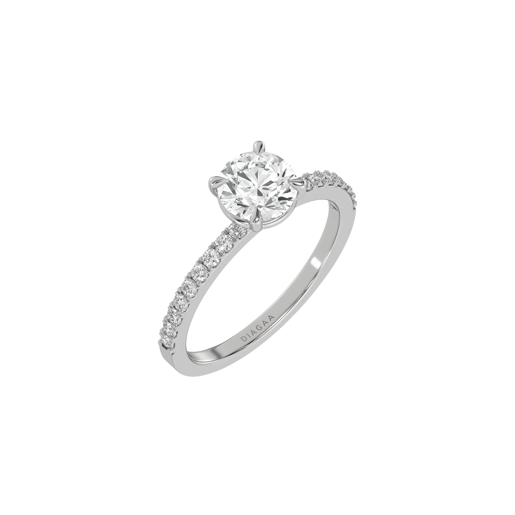 This white gold ring is made with a round solitaire diamond set in four-prong setting in 3D view