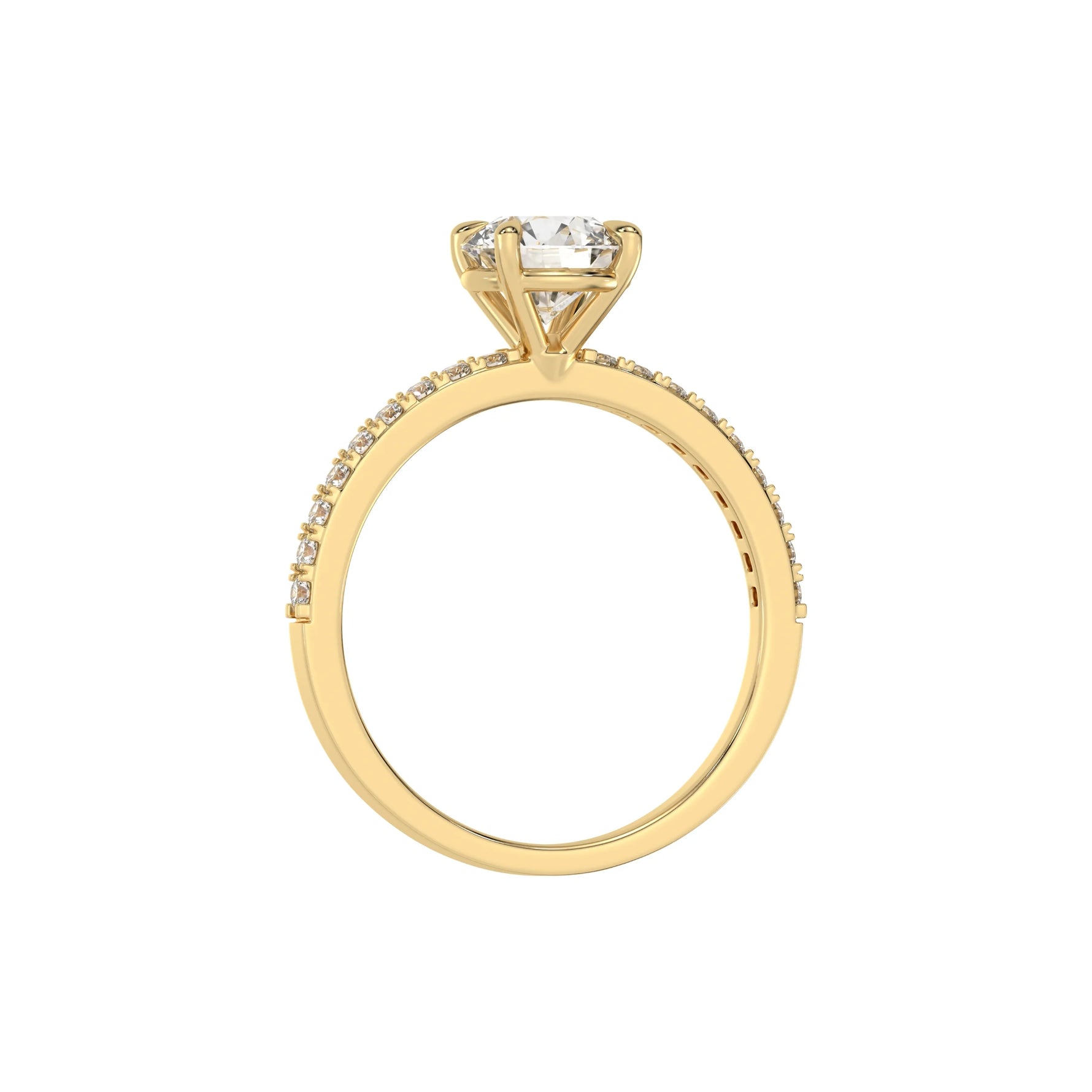 This yellow gold ring is made with a round solitaire diamond set in four-prong setting in through finger view