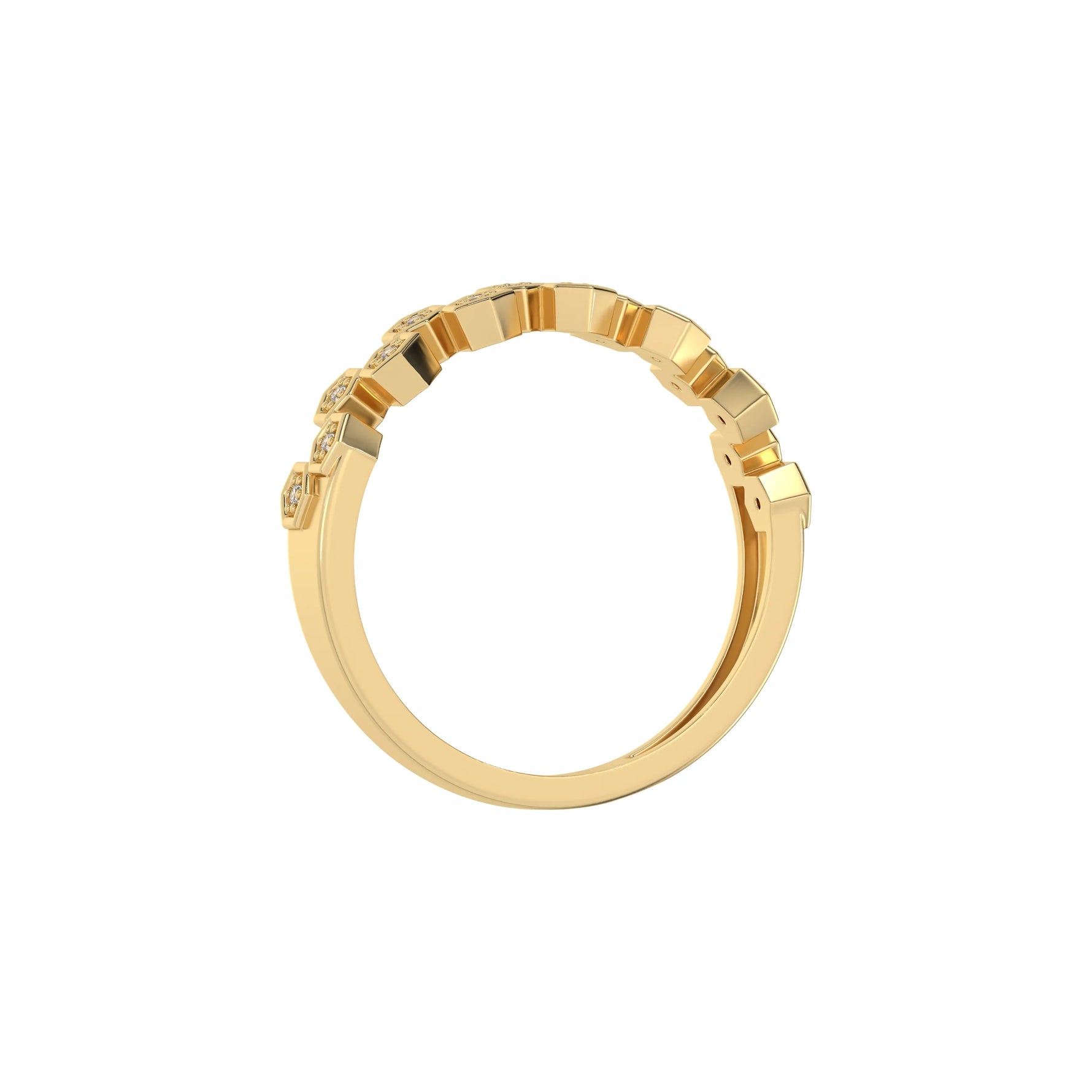 This yellow gold Zig Zag Round Diamond Ring handmade with round brilliant-cut diamonds, each set individually in a hexagon bezel and arranged in a zig zag pattern in through finger view