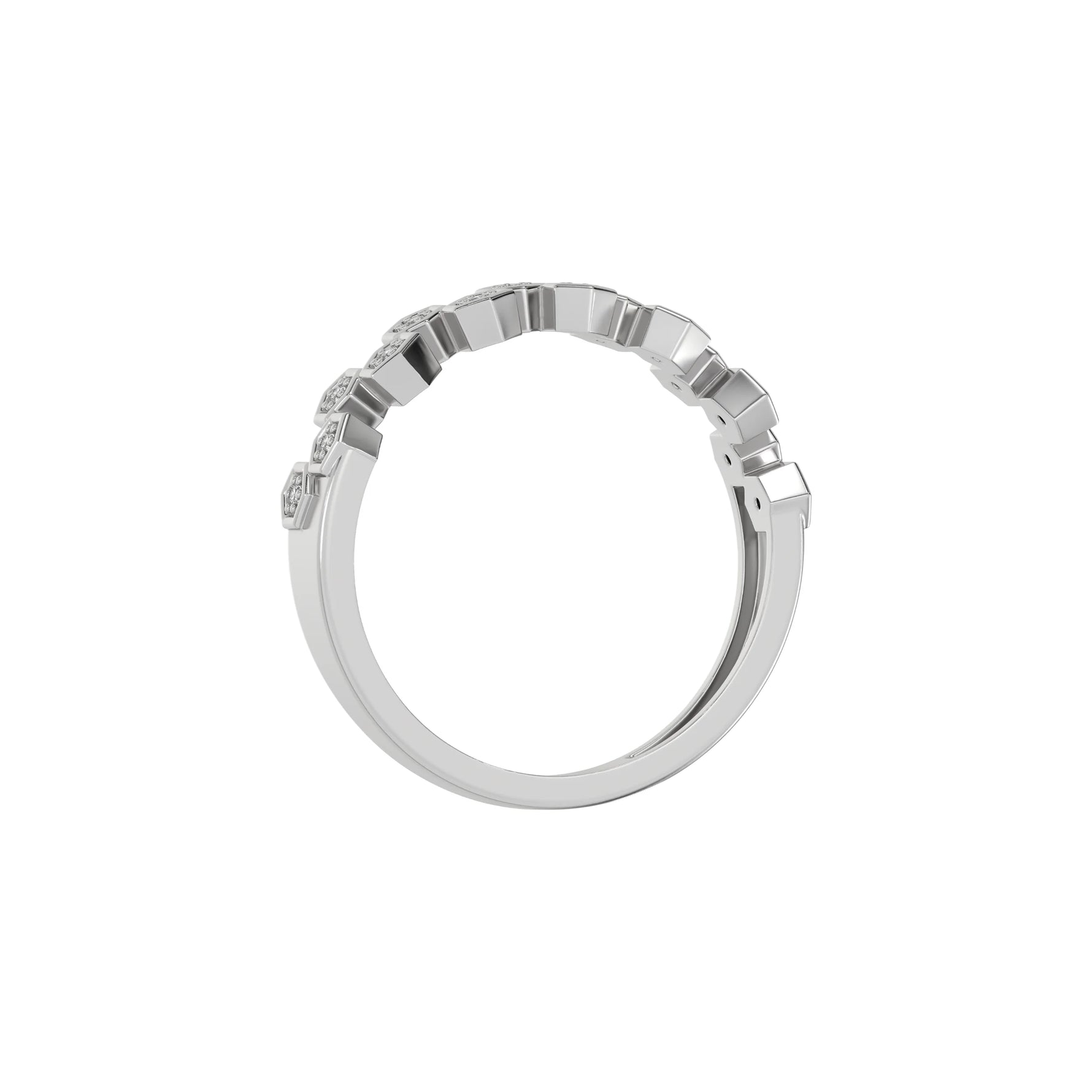 This white gold Zig Zag Round Diamond Ring handmade with round brilliant-cut diamonds, each set individually in a hexagon bezel and arranged in a zig zag pattern in through finger view