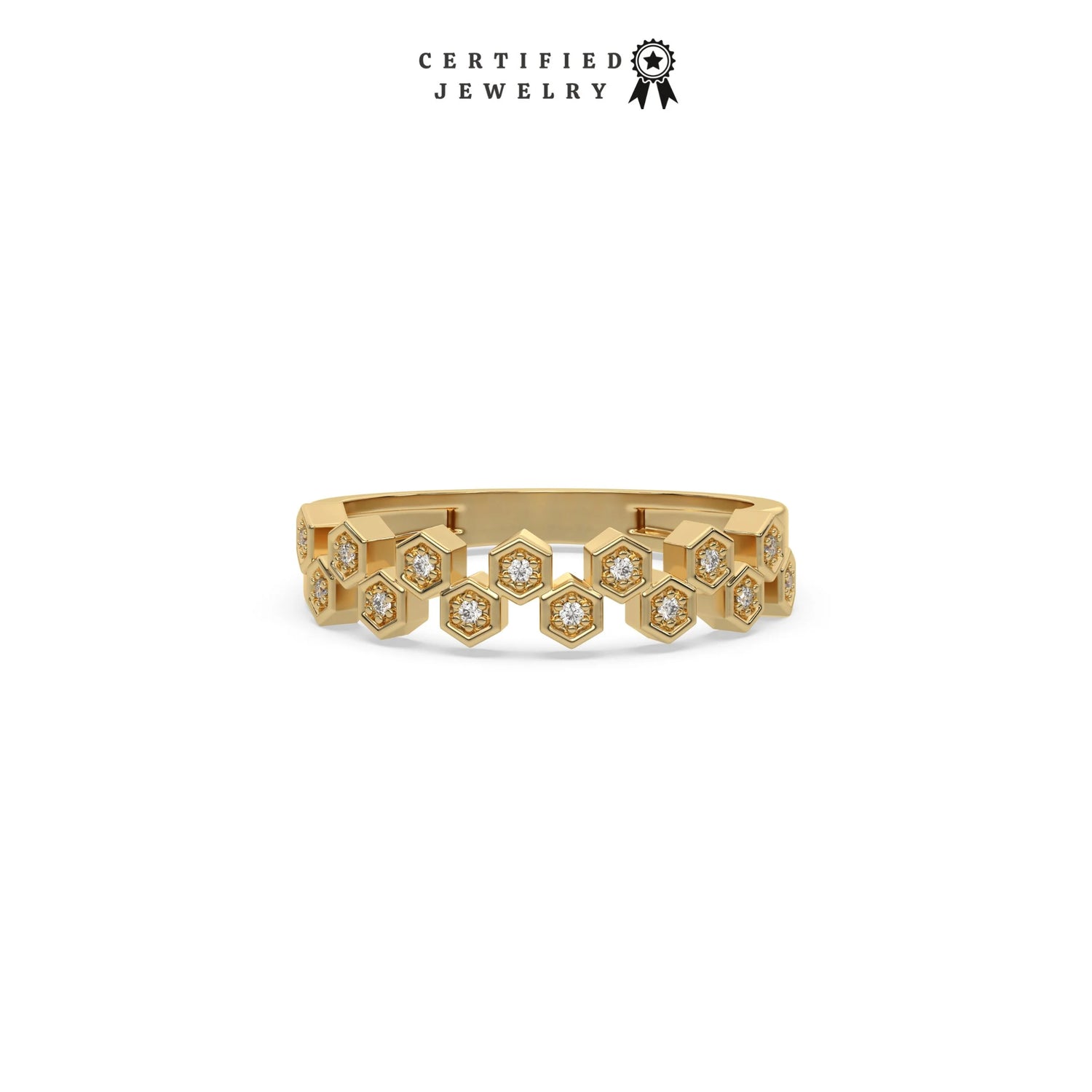 This yellow gold ring displayed on front view is made with  round brilliant-cut diamonds, each set individually in a hexagon bezel and arranged in a zig zag pattern