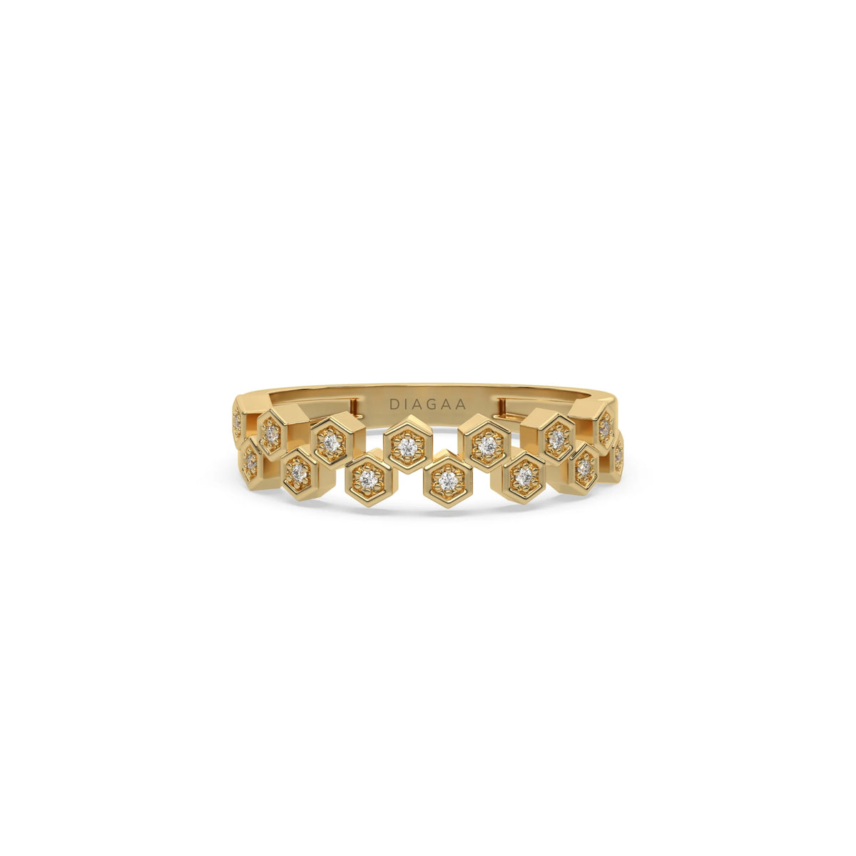 This yellow gold ring displayed on front view is made with  round brilliant-cut diamonds, each set individually in a hexagon bezel and arranged in a zig zag pattern