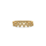 This yellow gold ring displayed on front view is made with  round brilliant-cut diamonds, each set individually in a hexagon bezel and arranged in a zig zag pattern