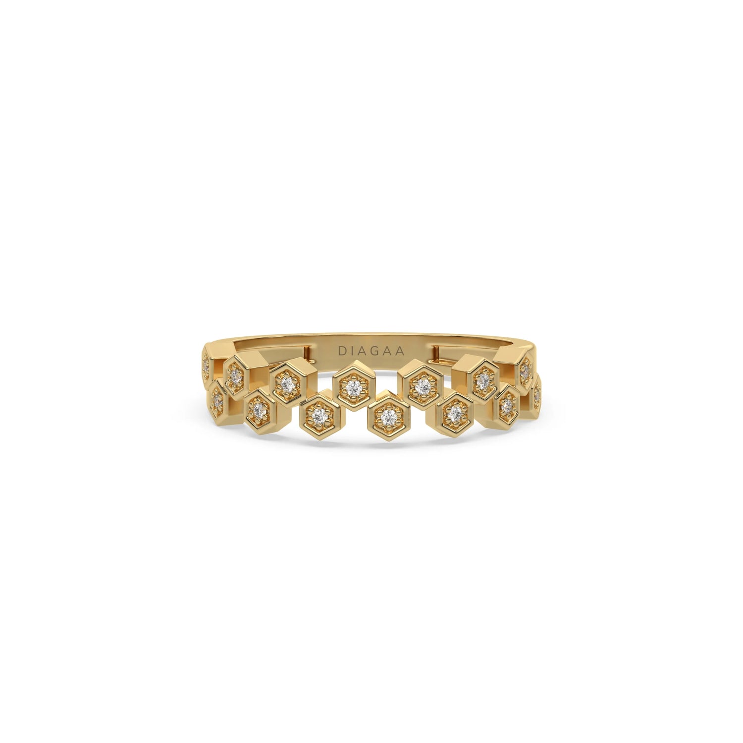 Yellow gold zig zag wedding band with a double row of hexagon bezel-set round diamonds gold band.