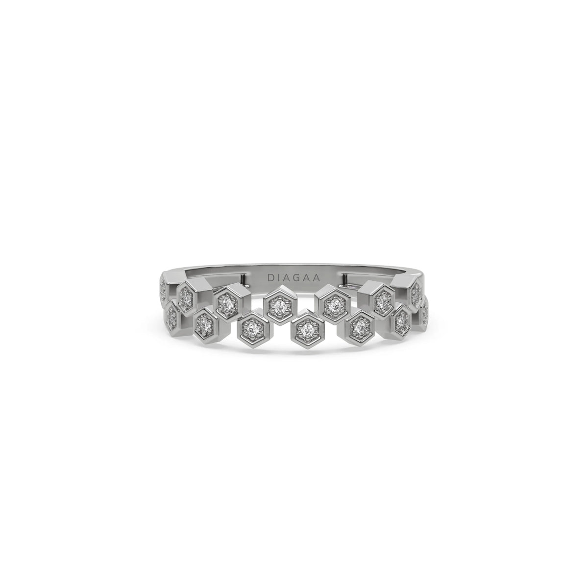 white gold zig zag wedding band with a double row of hexagon bezel-set round diamonds gold band.