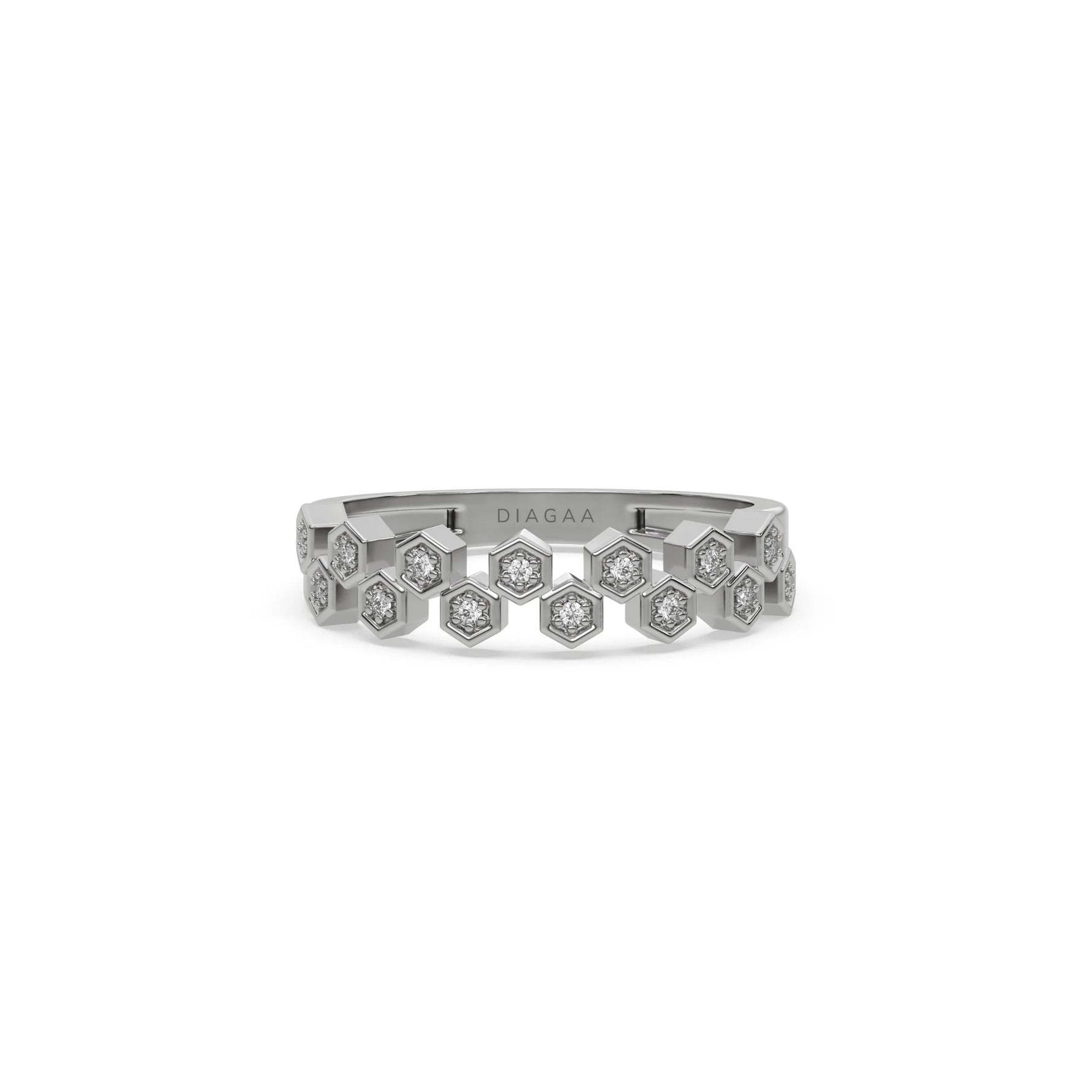 This white gold ring displayed on front view is made with  round brilliant-cut diamonds, each set individually in a hexagon bezel and arranged in a zig zag pattern