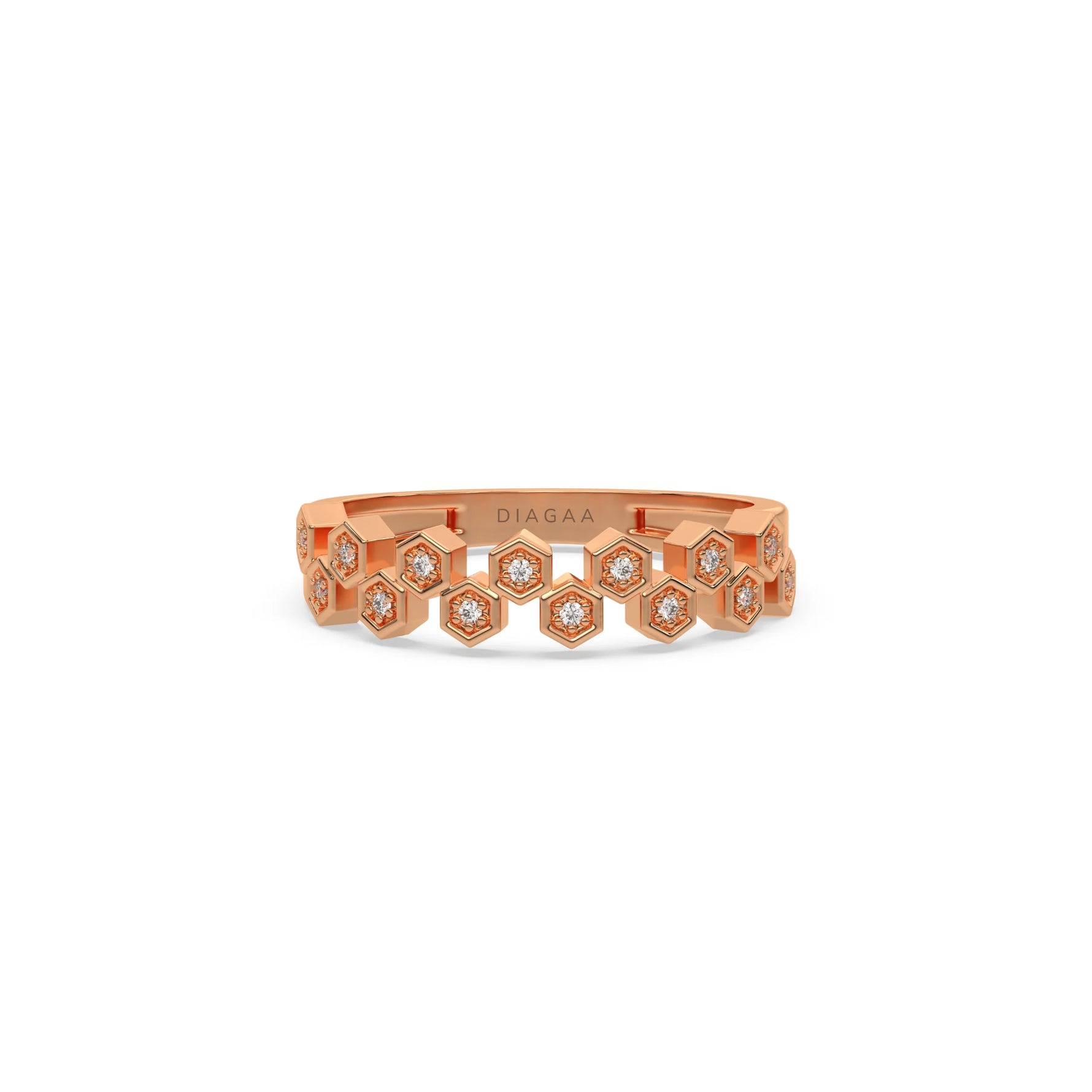 This rose gold ring displayed on front view is made with  round brilliant-cut diamonds, each set individually in a hexagon bezel and arranged in a zig zag pattern