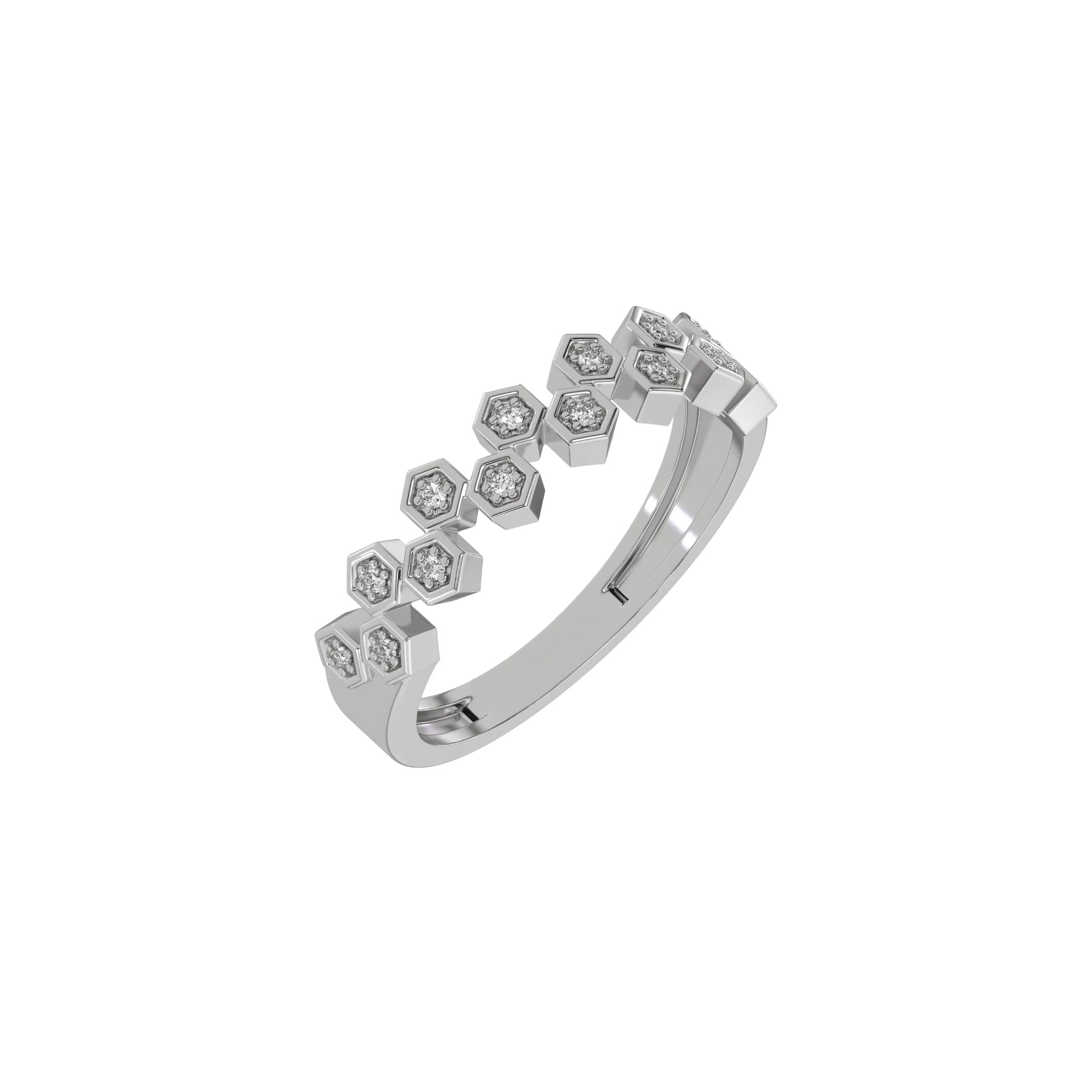 This white gold Zig Zag Round Diamond Ring handmade with round brilliant-cut diamonds, each set individually in a hexagon bezel and arranged in a zig zag pattern in 3D view