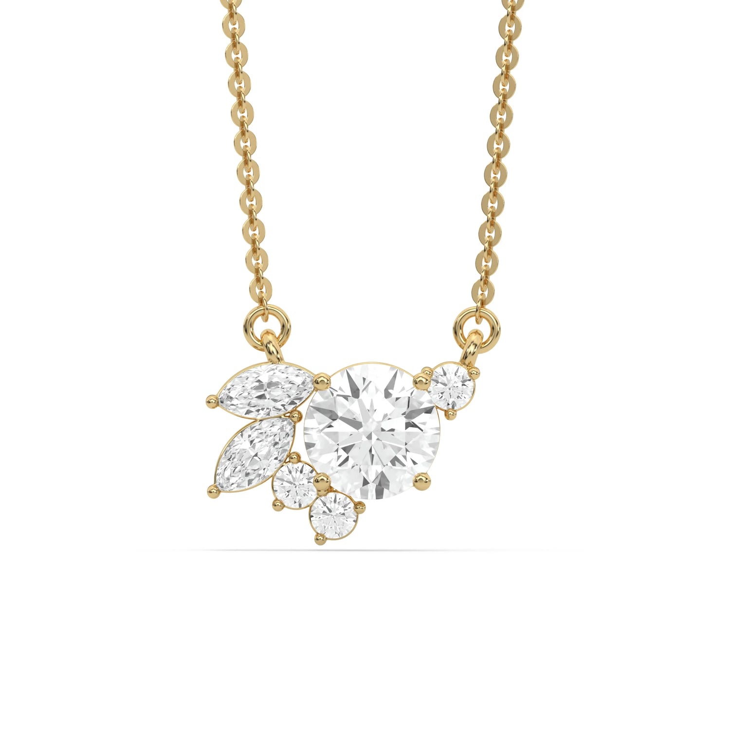 18K Yellow Gold Round and Marquise Diamond Cluster Necklace