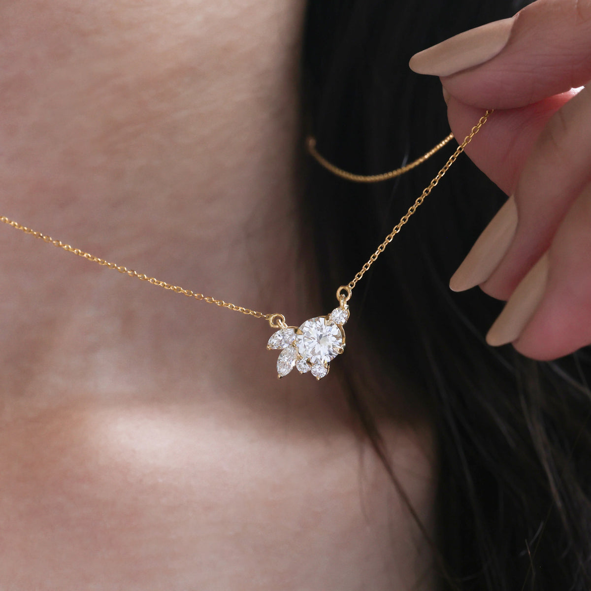 Round and Marquise Cluster Necklace 