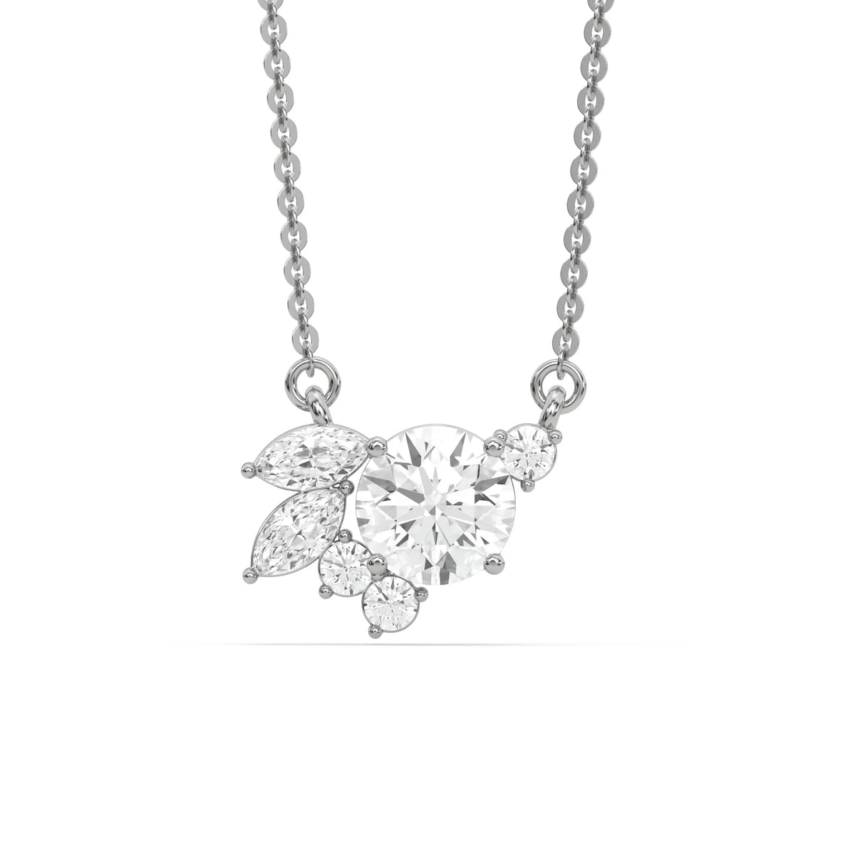 18K White Gold Round and Marquise Diamond Cluster Necklace