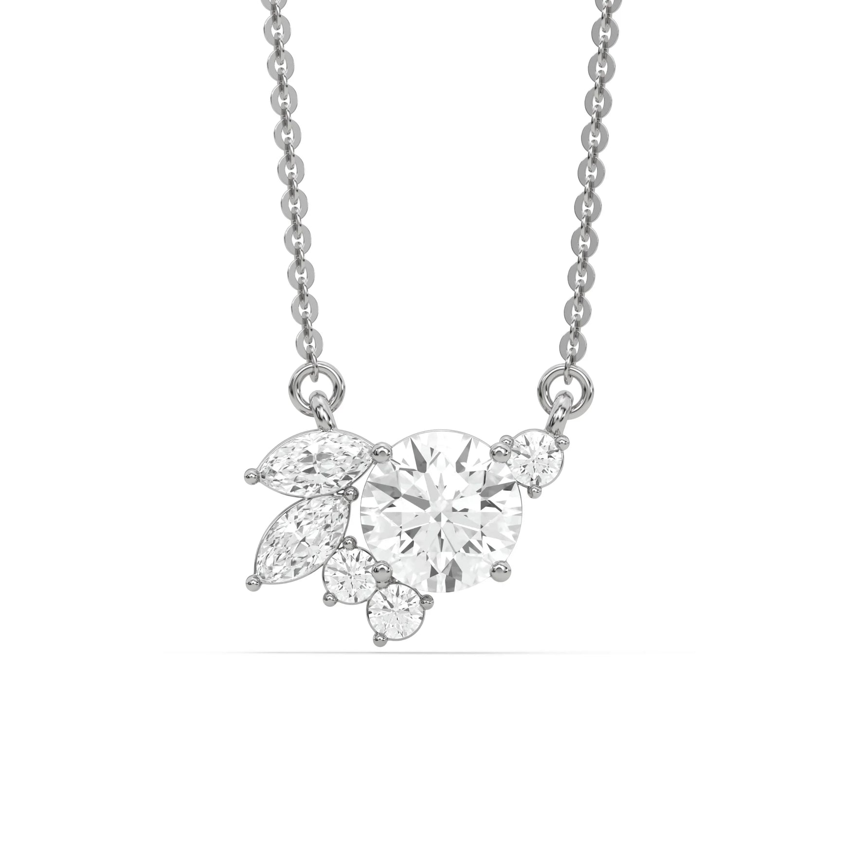 18K White Gold Round and Marquise Diamond Cluster Necklace