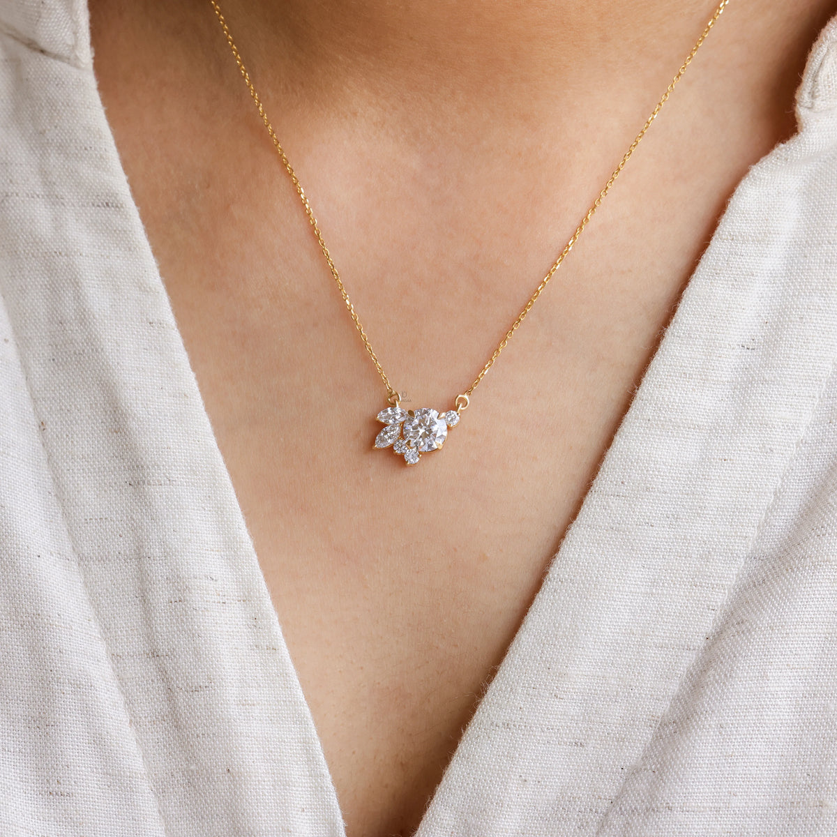 1.42 CT Round & Marquise Natural Diamond Cluster Necklace