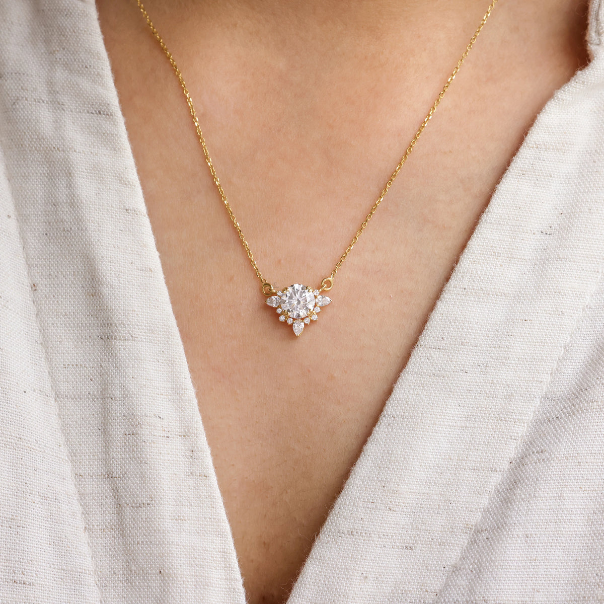 1.45 CT Natural Round & Pear Cut Diamond Cluster Necklace